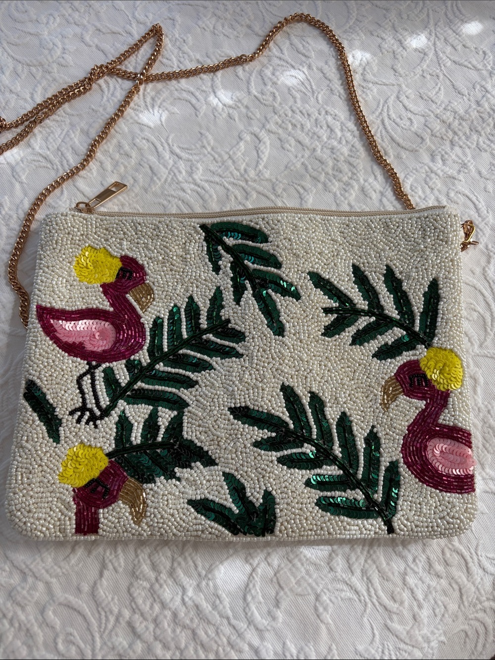 Beaded Flamingo Embroidered Crossbody Clutch